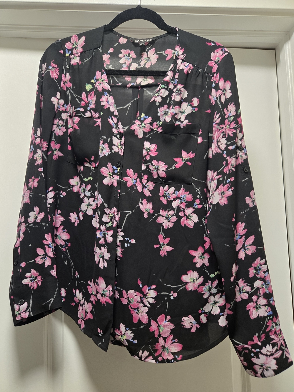 Express Black Blouse with Pink Floral Print